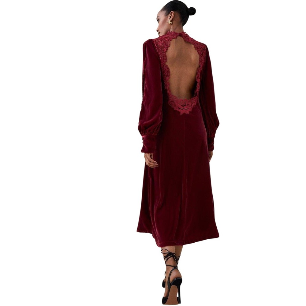 Karen Millen Lydia Millen Guipure Lace Velvet Midi Dress Burgundy US 2 Petite
